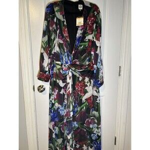 Anne Klein Plus Size Women’s 24 Black multi Floral Twist Front LS Midi Dress NWT